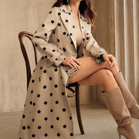 Khaki Elegant Women's Minimalist Polka Dot Trench Coat - Picture 1 of 8